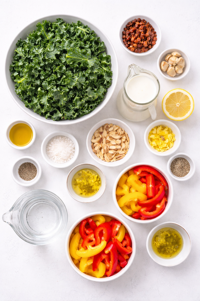 Flat lay of ingredients for massaged kale salad with creamy sun-dried tomato dressing including kale, bell peppers, almonds, garlic, lemon, olive oil, and buttermilk