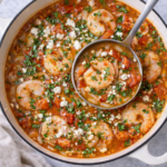Mediterranean shrimp and rice soup simmering in a white enameled cast iron pot with a ladle scooping the soup
