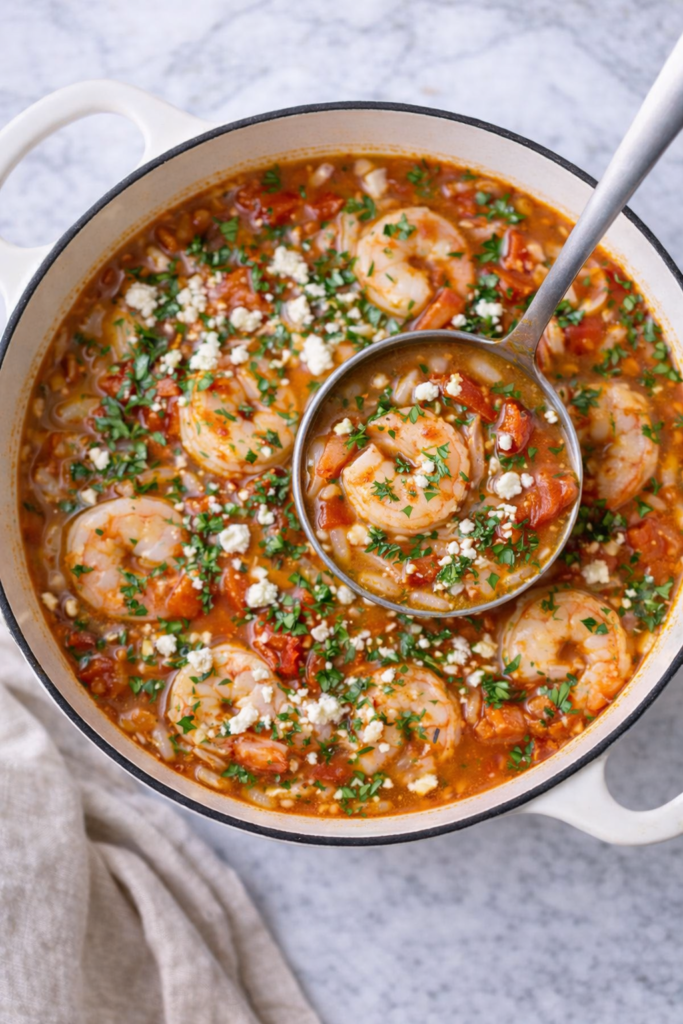 Mediterranean shrimp and rice soup simmering in a white enameled cast iron pot with a ladle scooping the soup