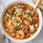 Mediterranean shrimp and rice soup topped with crumbled feta, served in a white bowl with crusty bread on a marble background