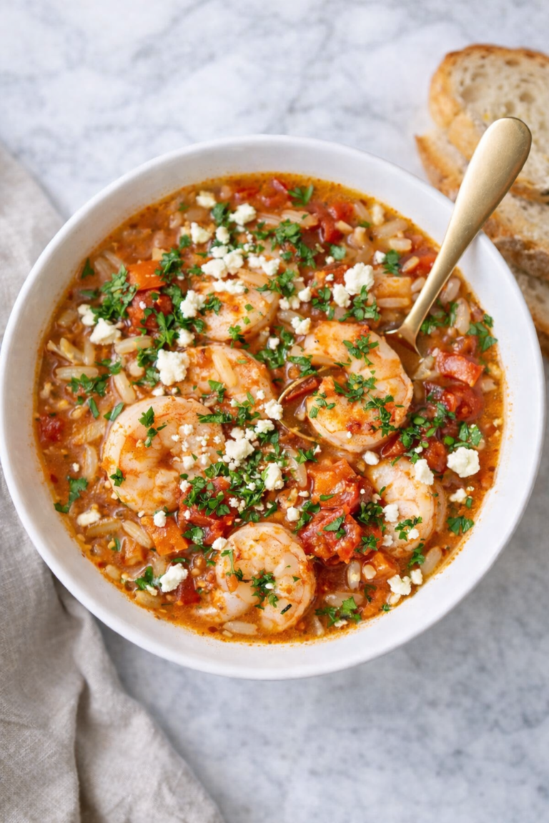 Mediterranean shrimp and rice soup topped with crumbled feta, served in a white bowl with crusty bread on a marble background