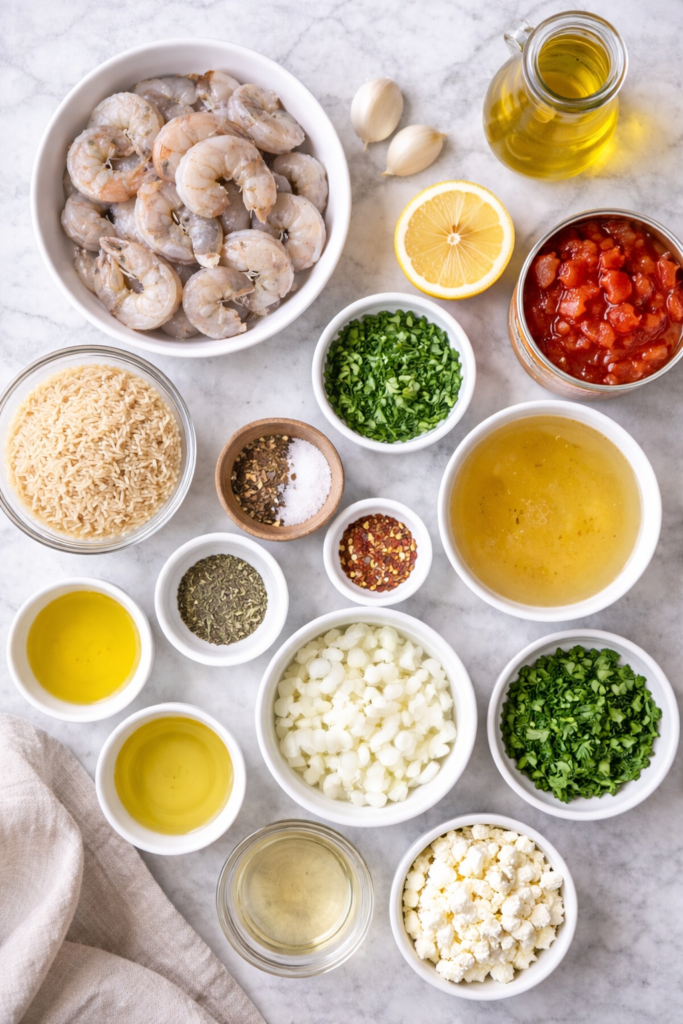 Flat lay of Mediterranean shrimp and rice soup ingredients including raw shrimp, rice, tomatoes, lemon, olive oil, herbs, broth, and feta on a marble surface