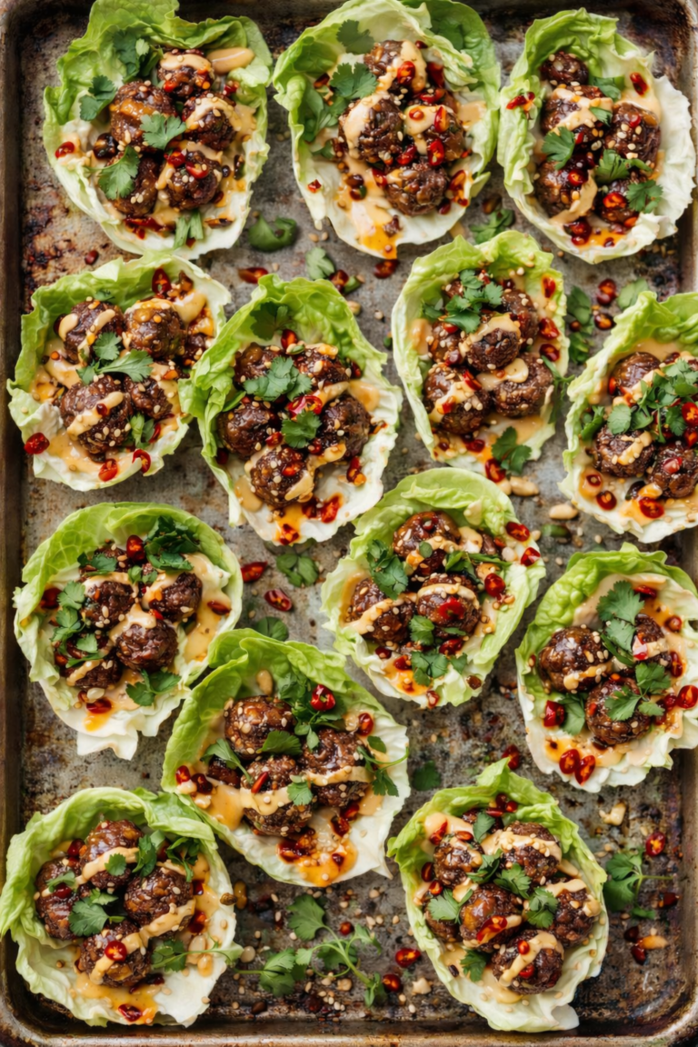 Mini Asian meatball lettuce cups drizzled with sriracha mayo and chili crisp on a rustic baking sheet