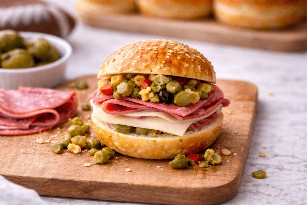Mini muffuletta slider layered with salami, ham, provolone, and olive salad on a sesame bun, styled on a wooden board for a Super Bowl appetizer.