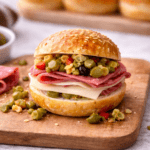 Mini muffuletta slider layered with salami, ham, provolone, and olive salad on a sesame bun, styled on a wooden board for a Super Bowl appetizer.