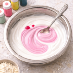 Royal icing in a metal bowl being mixed with pink gel food coloring, showing soft swirls as the color blends into white icing.
