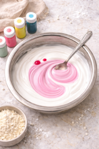 Royal icing in a metal bowl being mixed with pink gel food coloring, showing soft swirls as the color blends into white icing.