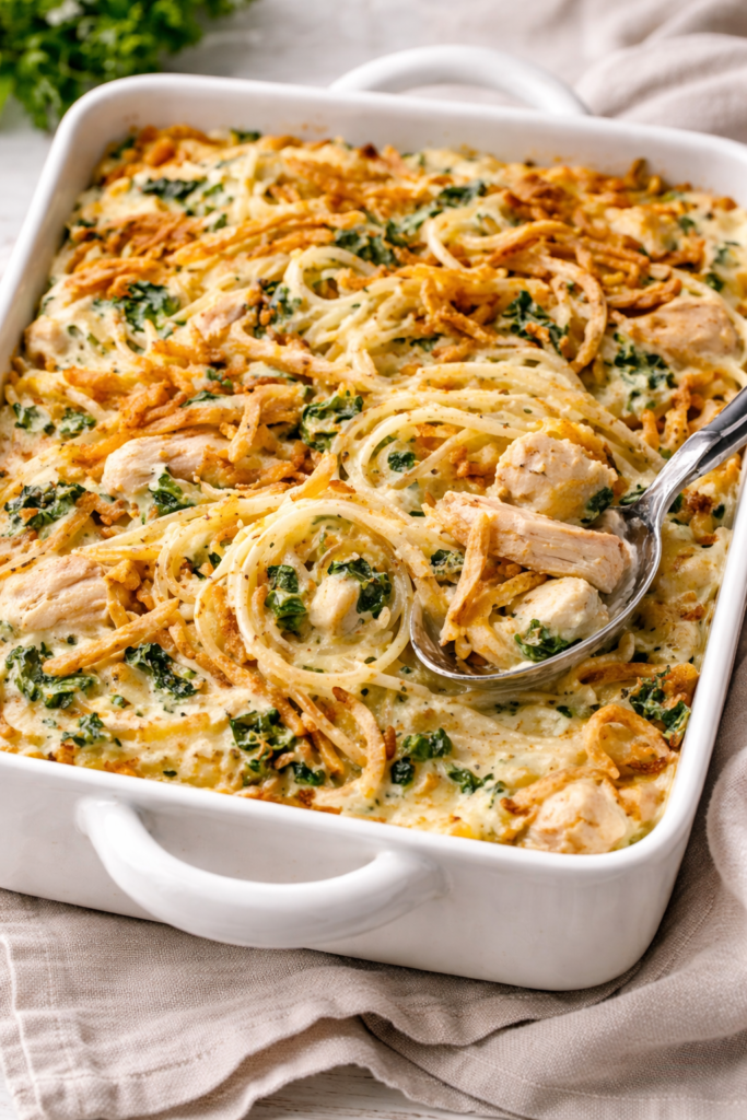 Creamy Monterey chicken spaghetti bake with rotisserie chicken, spinach, melted cheese, and crispy fried onions
