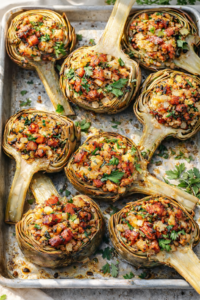 Baked stuffed artichokes filled with crispy pancetta, herbed breadcrumbs, and fresh parsley, photographed in soft morning light on a rustic baking pan.