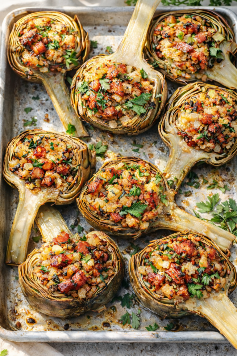 Baked stuffed artichokes filled with crispy pancetta, herbed breadcrumbs, and fresh parsley, photographed in soft morning light on a rustic baking pan.