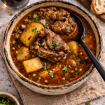 Old-fashioned oxtail soup in a handmade ceramic bowl on a marble counter with textured linen and a black spoon holding broth and potatoes