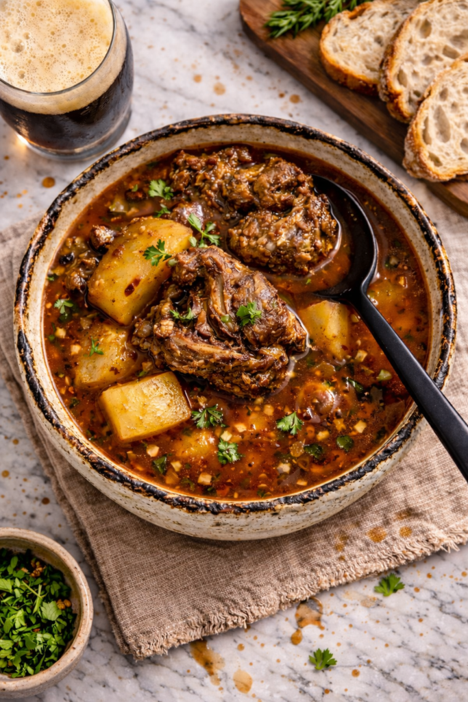 Old-fashioned oxtail soup in a handmade ceramic bowl on a marble counter with textured linen and a black spoon holding broth and potatoes