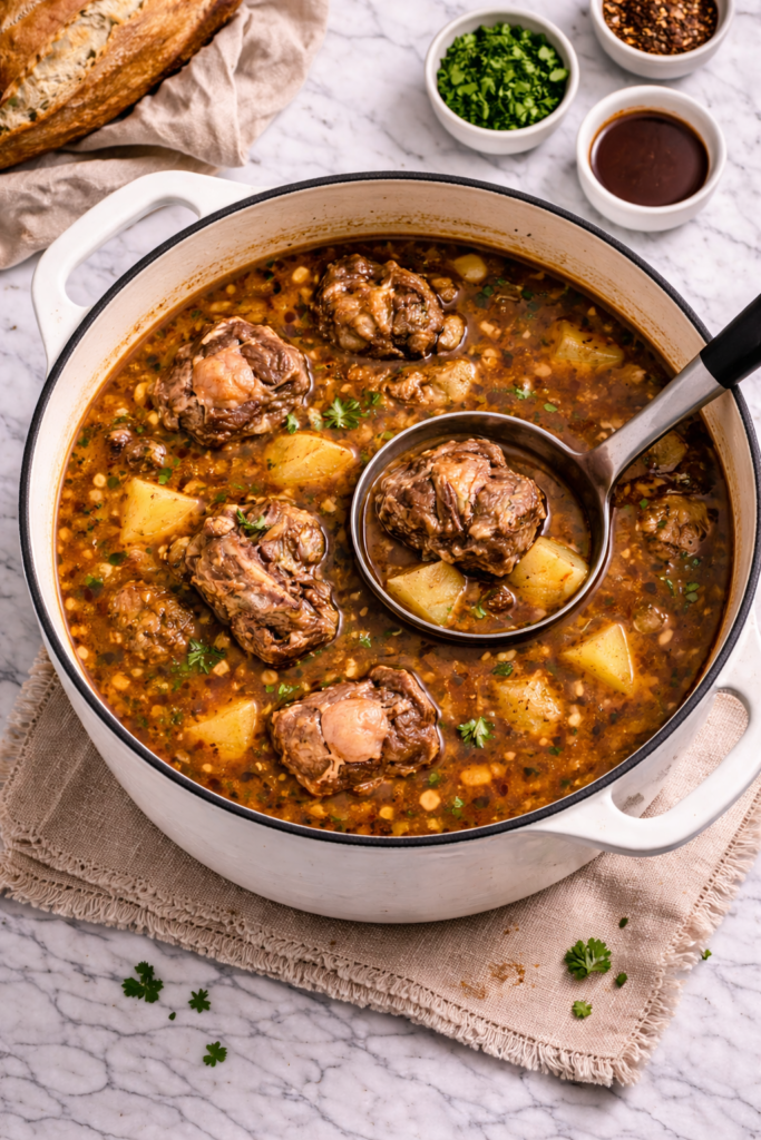 Old-fashioned oxtail soup simmering in a white enameled cast iron Dutch oven with a ladle on a marble counter