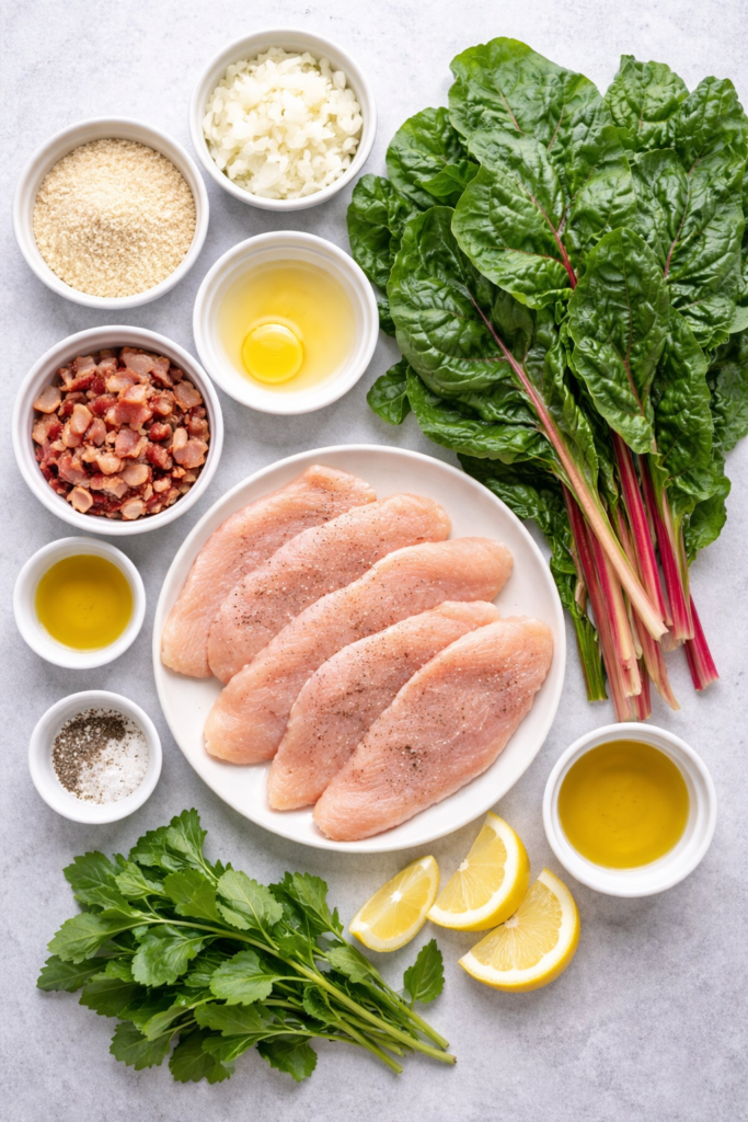 Flat lay of ingredients for one-pan chicken scallopini including chicken cutlets, Swiss chard, bacon, onion, breadcrumbs, olive oil, egg white, and lemon.