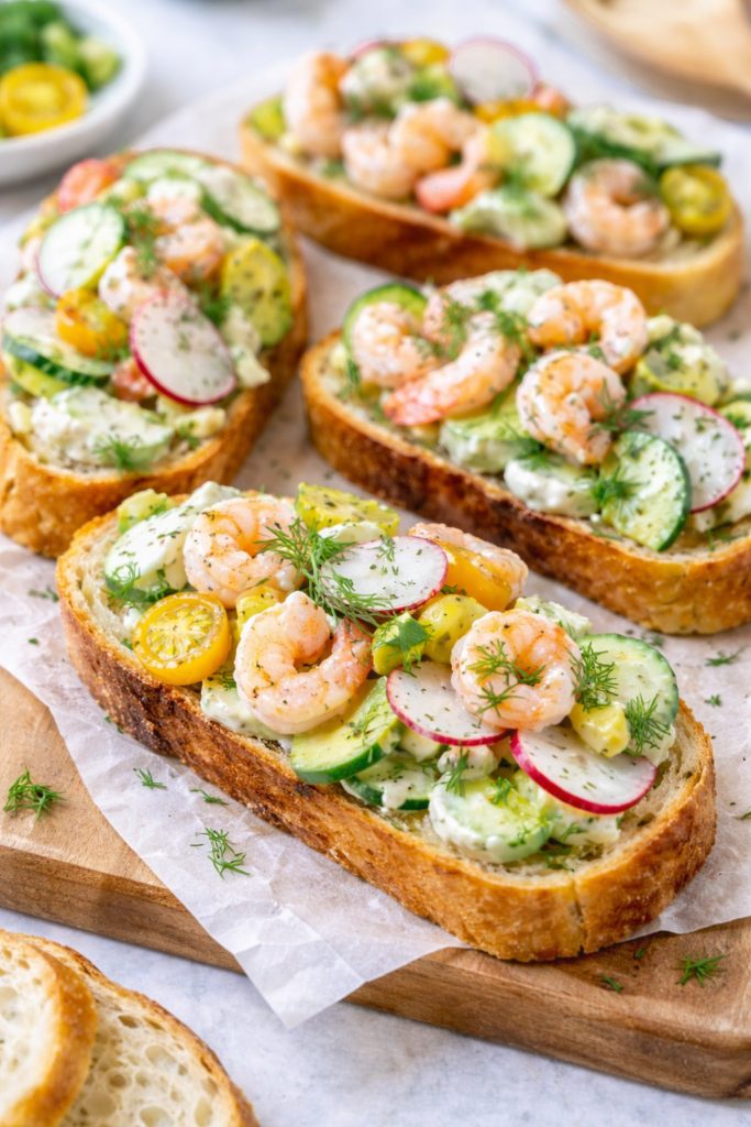 Creamy dill shrimp salad spooned over toasted baguette slices for an easy open-face shrimp sandwich.