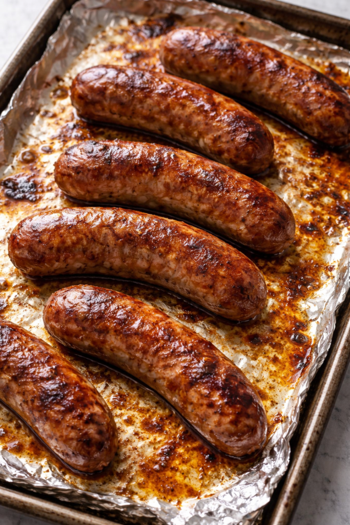 Oven baked pork bangers with golden brown skin resting on a well used baking sheet fresh out of the oven.