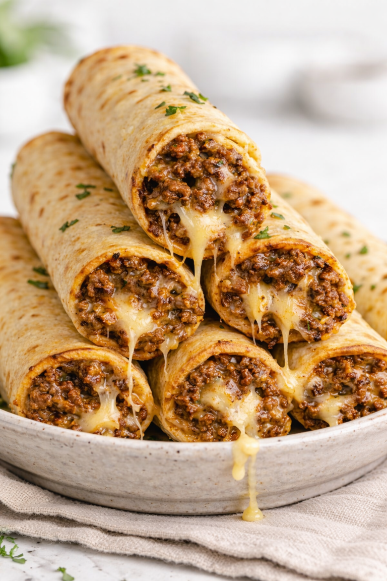 Oven baked cheesy ground beef taquitos stacked on a plate with melted cheese dripping from the center, golden tortillas, and a light bright background.