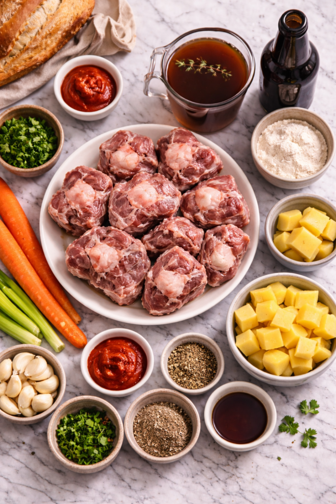 Flat lay of ingredients for old-fashioned oxtail soup including raw oxtails, carrots, celery, potatoes, garlic, herbs, beef broth, and dark beer on a marble counter