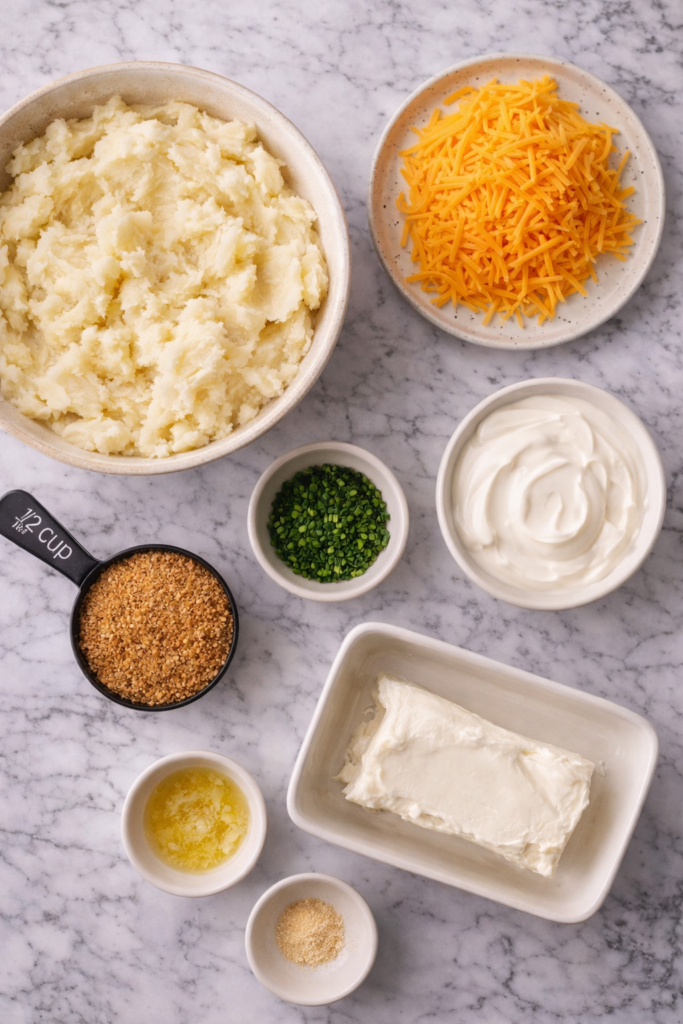 Flat lay of ingredients for party potatoes including mashed potatoes, shredded cheddar cheese, sour cream, cream cheese, breadcrumbs, melted butter, chives, and garlic powder on a white marble countertop.