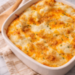 Creamy party potatoes baked in a white casserole dish with melted cheddar, buttery breadcrumb topping, and chives on a white marble countertop.