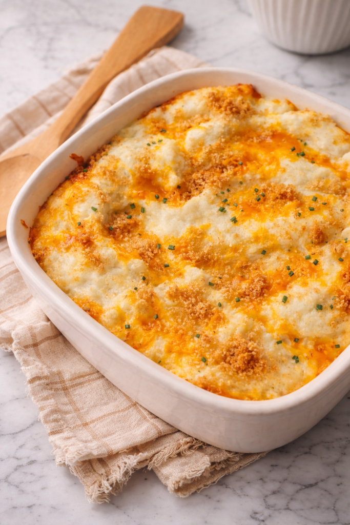 Creamy party potatoes baked in a white casserole dish with melted cheddar, buttery breadcrumb topping, and chives on a white marble countertop.