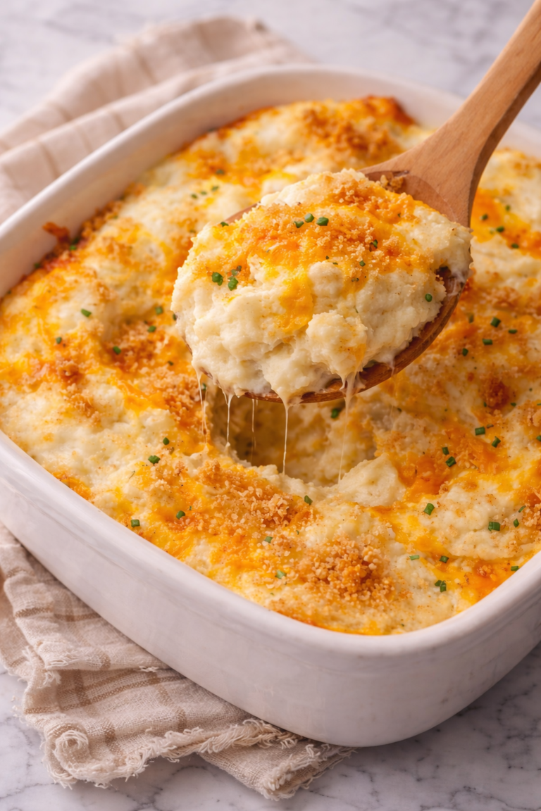 Wooden spoon scooping creamy party potatoes from a baked mashed potato casserole with melted cheddar, buttery breadcrumb topping, and chives on a marble countertop.