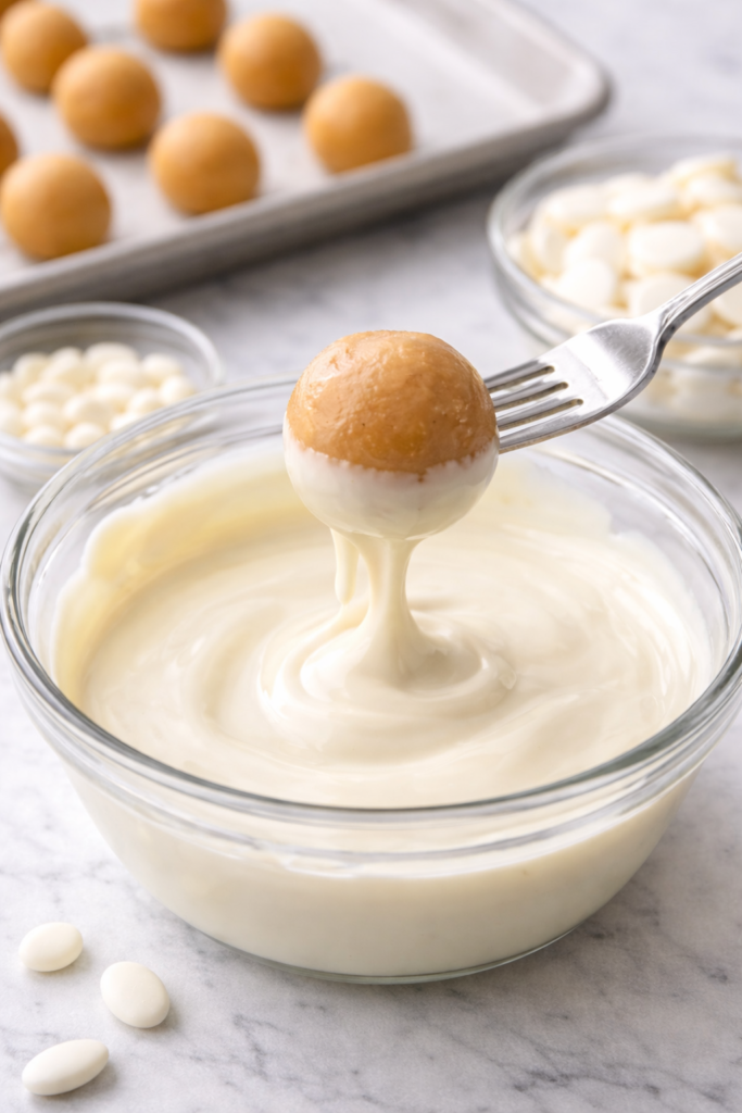 Peanut butter ball being dipped into melted white chocolate using a fork, with white chocolate dripping back into a glass bowl on a marble background.