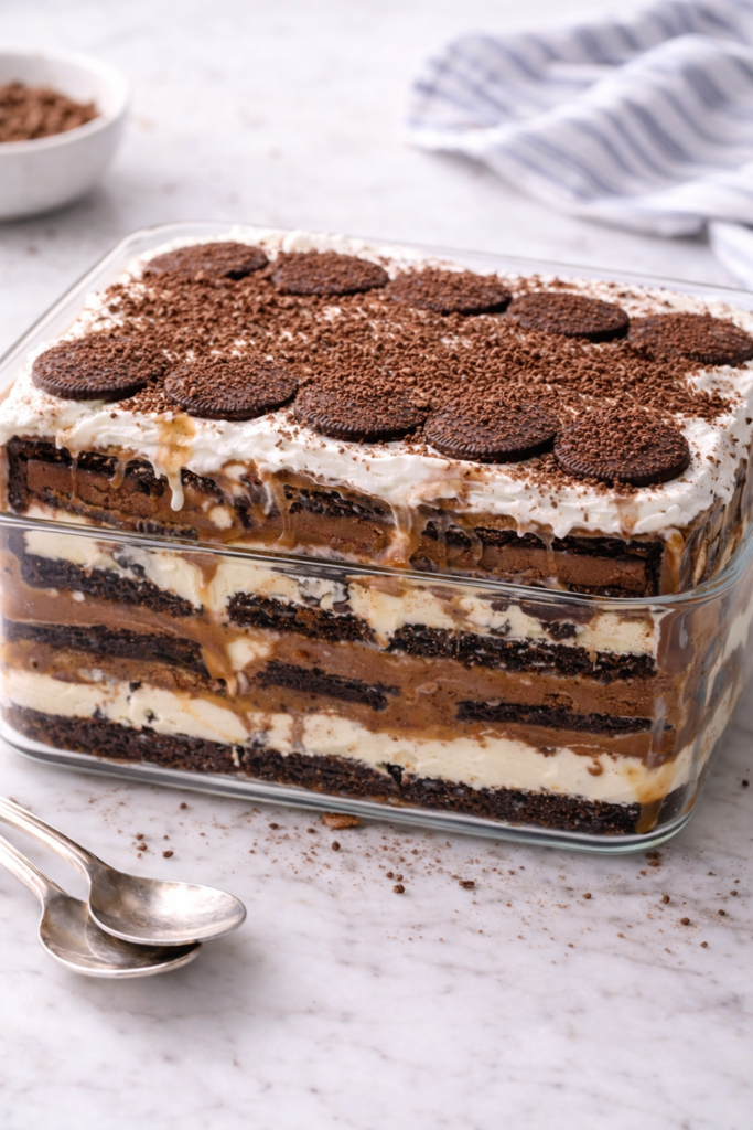 Homemade peanut butter chocolate cookie ice cream cake layered in a clear glass freezer dish