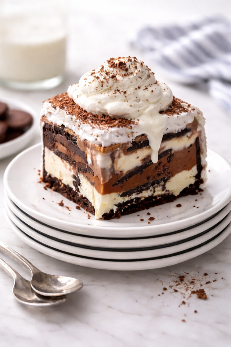 Slice of peanut butter chocolate cookie ice cream cake topped with whipped cream on stacked white plates