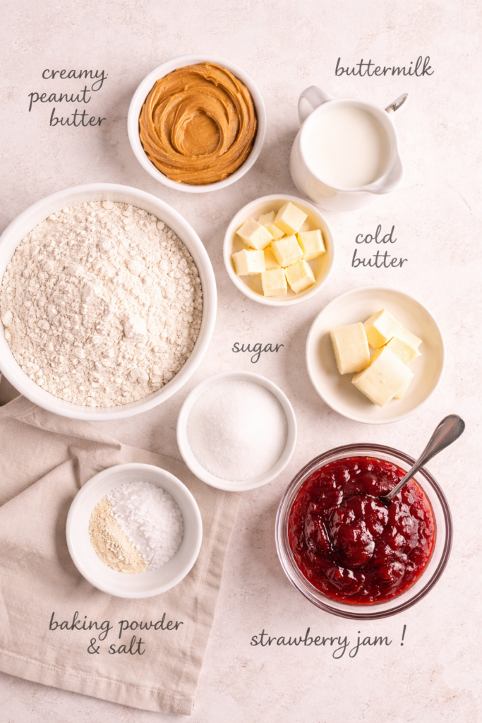 Flat lay of ingredients for peanut butter and jelly monkey biscuits including flour, peanut butter, strawberry jam, butter, sugar, baking powder, salt, and buttermilk