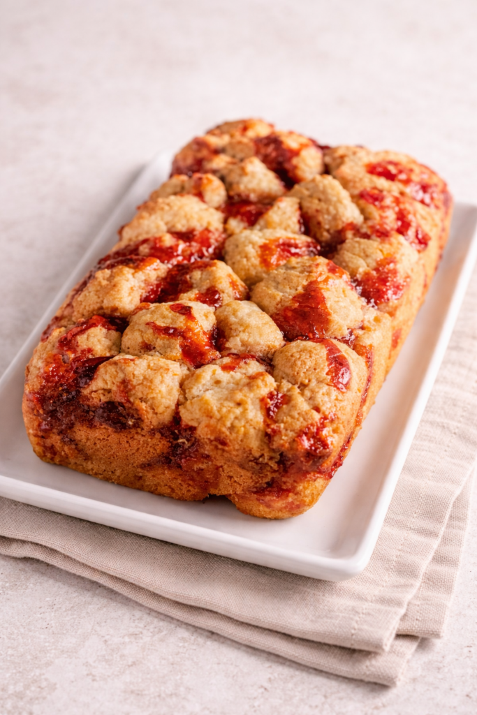 Peanut butter and jelly monkey biscuits baked in a loaf pan and served on a neutral ceramic plate with soft linen background