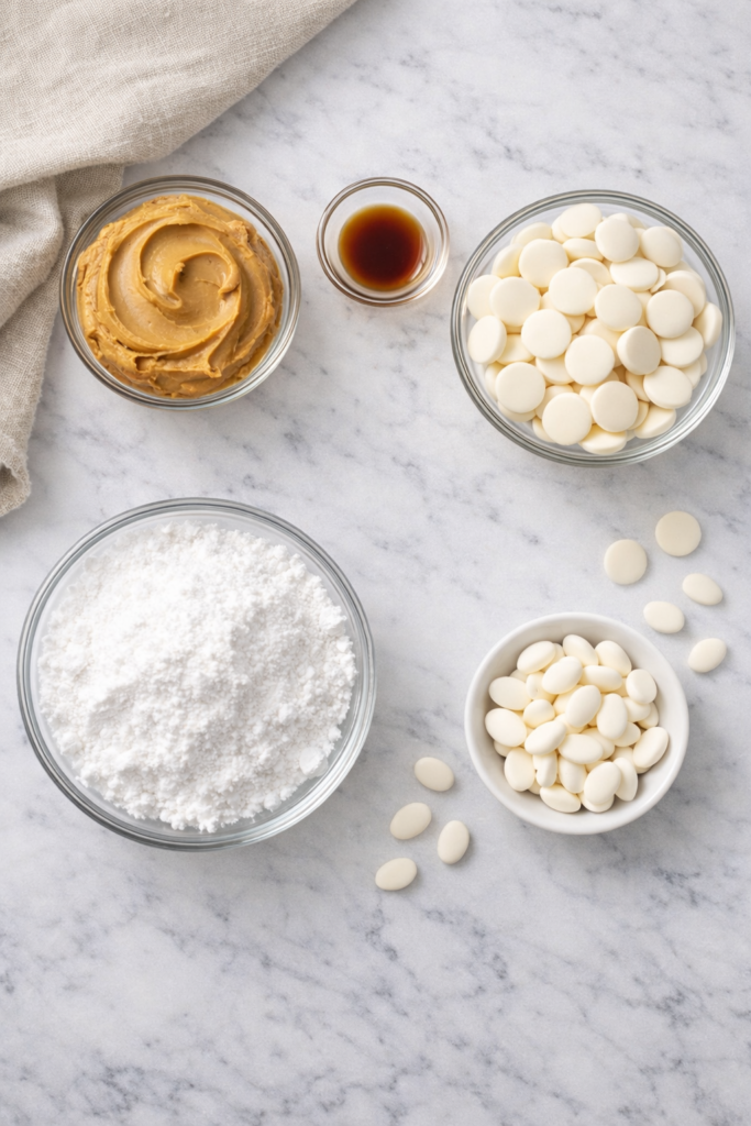 Flat lay of peanut butter white chocolate ingredients including creamy peanut butter, powdered sugar, vanilla extract, butter, white chocolate wafers, and white candy melts arranged on a marble background.