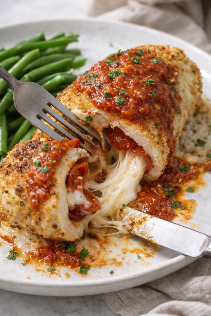 Pepperoni chicken roll cut open on a plate with melted mozzarella cheese oozing out and marinara sauce on top.