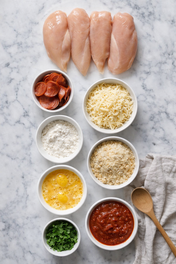 Vertical flat lay of ingredients for baked pepperoni chicken rolls on white marble background including chicken breasts, pepperoni, shredded cheese, eggs, breadcrumbs, flour, marinara sauce, and parsley.