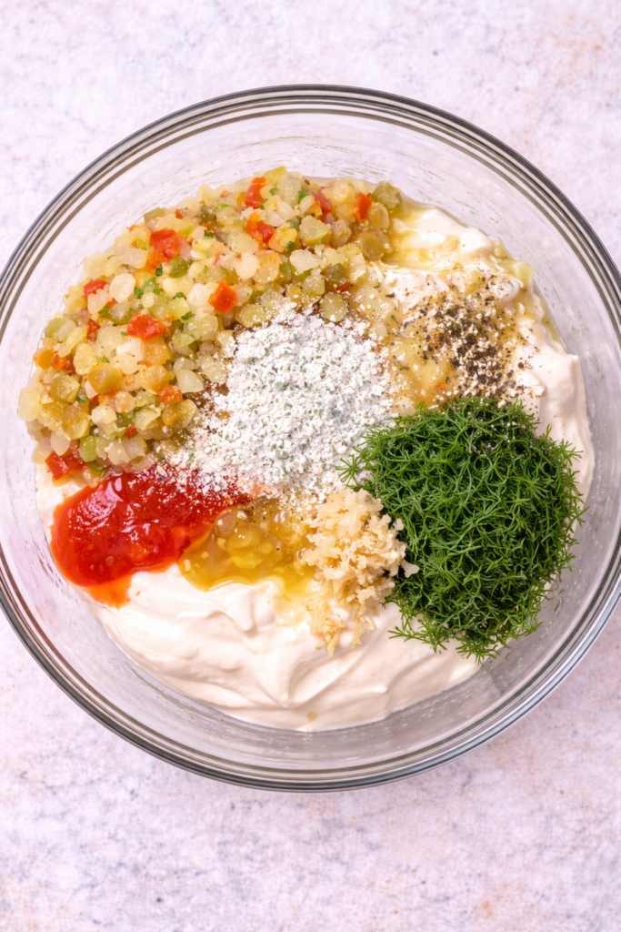 Overhead view of pickle de gallo ranch dip ingredients layered in a clear glass bowl before mixing, including pickle de gallo, sour cream, mayonnaise, ranch seasoning, fresh dill, garlic, hot sauce, pickle brine, and black pepper.