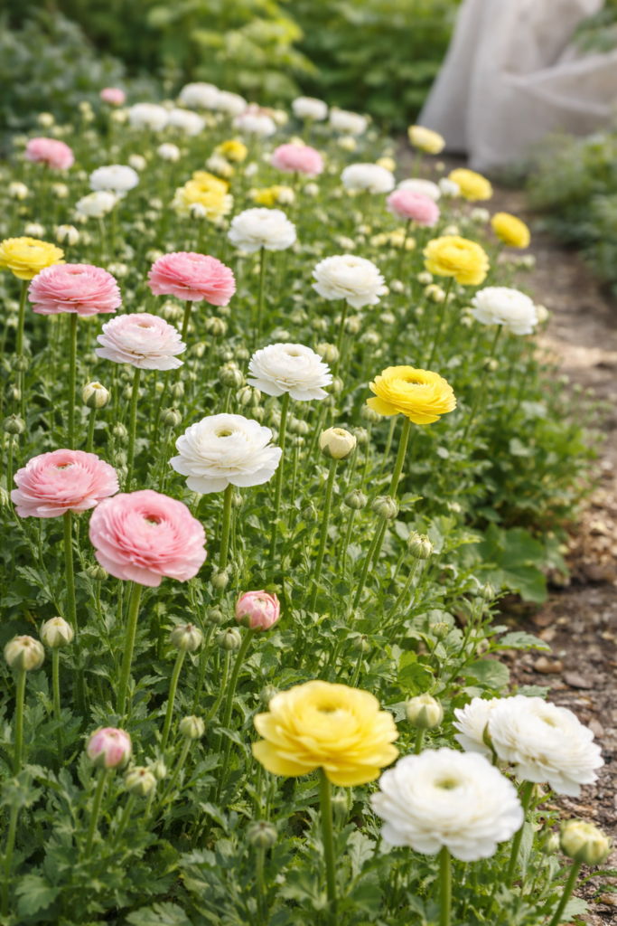Pink, white, and yellow ranunculus flowers blooming in a spring garden bed, showing healthy ranunculus plants grown from corms.