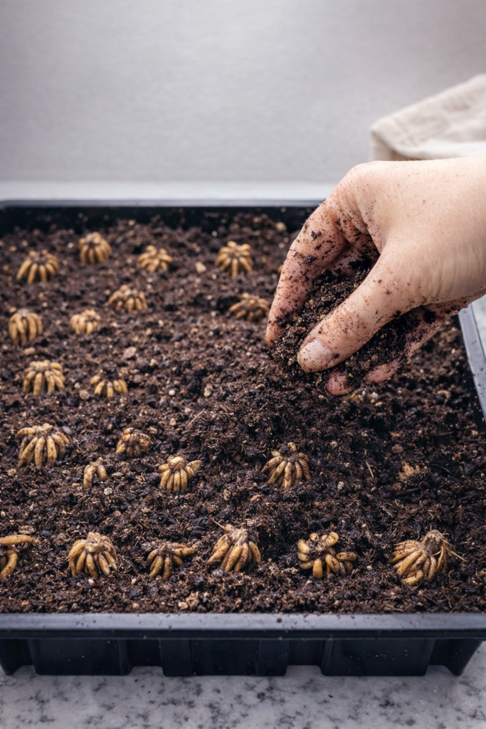 Planting ranunculus corms in soil by hand in a black seed tray, showing how to cover ranunculus corms before planting for spring blooms.