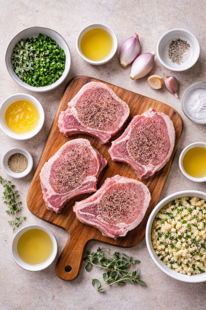 Flat lay of ingredients for pork chops with herb stuffing including bone-in pork chops, fresh herbs, breadcrumbs, garlic, shallots, butter, olive oil, and chicken broth on a neutral surface.