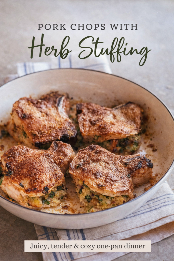 Juicy bone-in pork chops stuffed with herb breadcrumb stuffing baked in a rustic white dish for a cozy one-pan dinner.