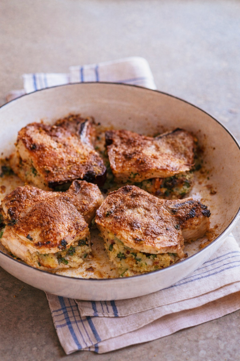 Golden baked pork chops stuffed with a savory herb breadcrumb filling, cooked in a rustic skillet and styled on a neutral linen for a cozy homemade dinner.