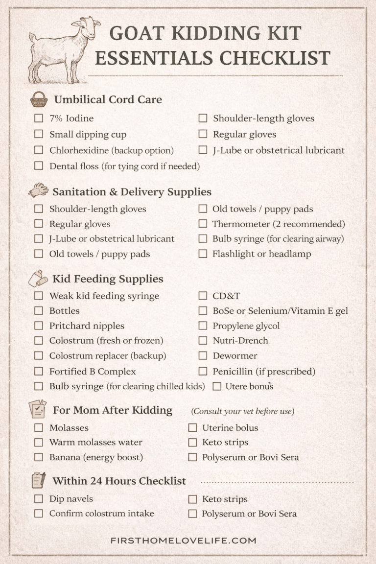 Farmhouse style printable goat kidding kit essentials checklist including birth supplies, colostrum items, sanitation tools and emergency goat care supplies