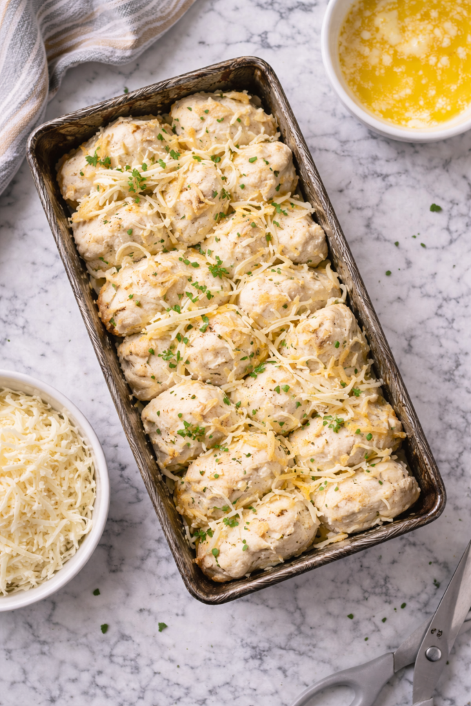 Unbaked cheesy bubble loaf made with biscuit dough and shredded cheese layered in a loaf pan on a marble countertop.
