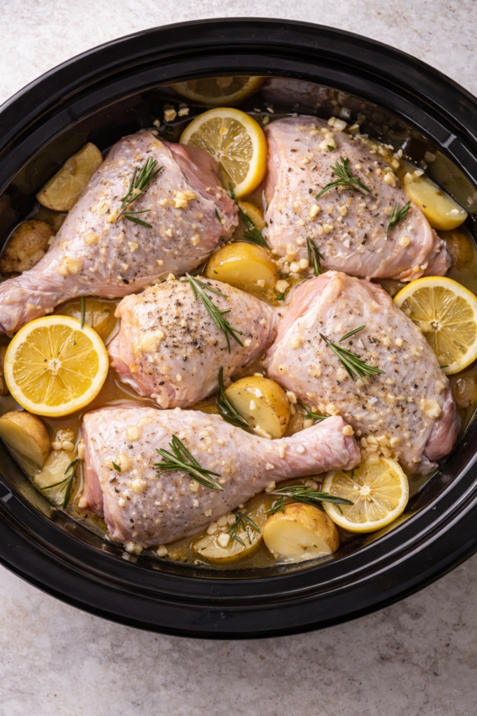Raw honey lemon chicken with garlic, rosemary, potatoes, and lemon slices arranged in a slow cooker before cooking.