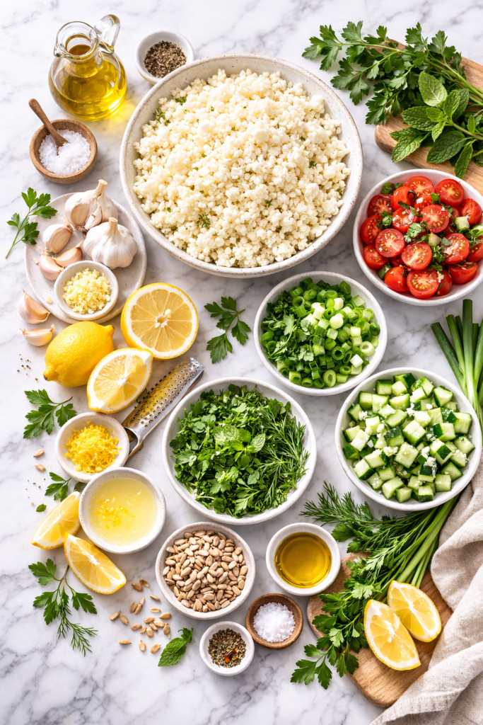 Flat lay of ingredients for riced cauliflower tabbouleh including cauliflower rice, fresh herbs, cherry tomatoes, cucumber, lemon, olive oil, and green onions on marble.