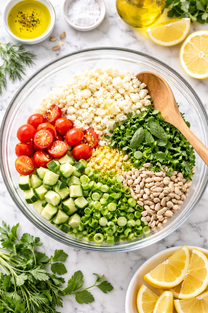 All ingredients for riced cauliflower tabbouleh arranged in a large glass mixing bowl with a wooden spoon on a marble countertop.