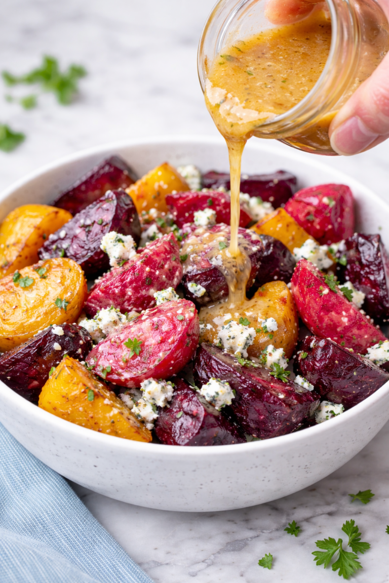 Roasted multicolor beets cut into wedges in a white bowl with cider vinaigrette being poured over and crumbled blue cheese on top