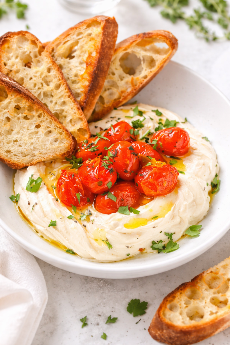 Roasted garlic lemon thyme whipped feta dip topped with burst cherry tomatoes and olive oil served with toasted sourdough crostini.