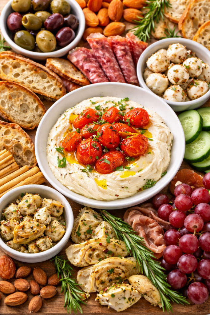 Roasted garlic lemon whipped feta dip with blistered cherry tomatoes served on a Mediterranean grazing table with olives, crostini, cured meats and fresh fruit.