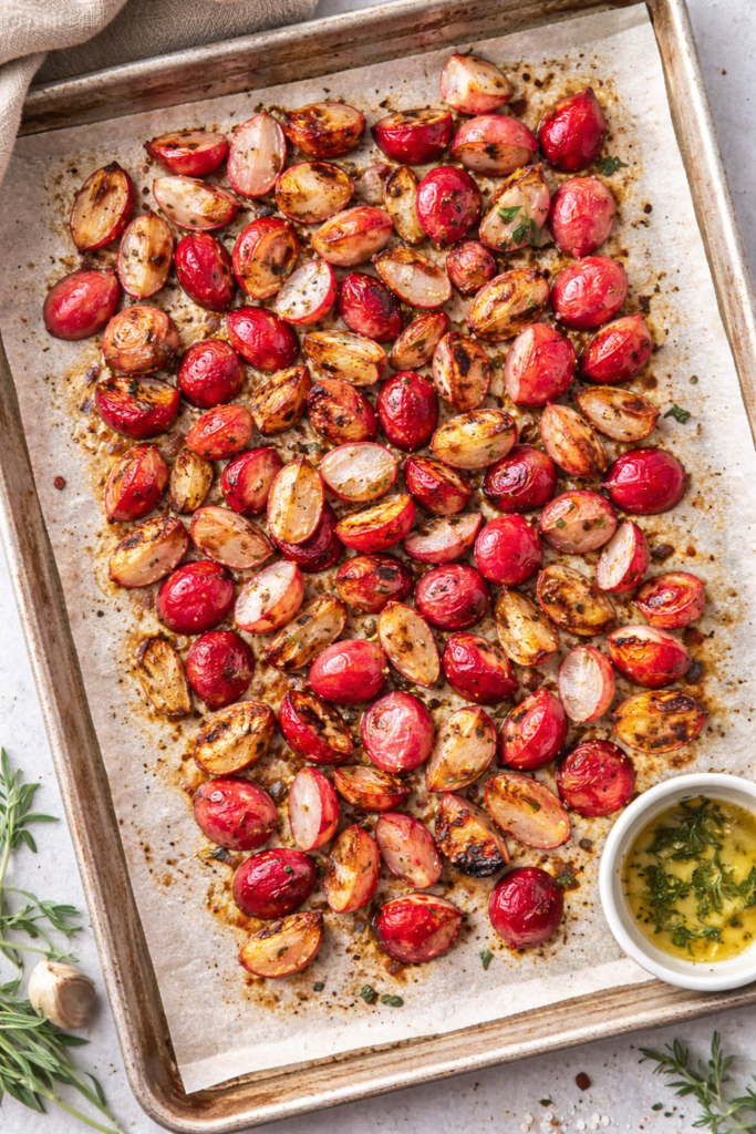 Roasted radishes with light char arranged on a parchment-lined baking sheet, seasoned with herbs and butter