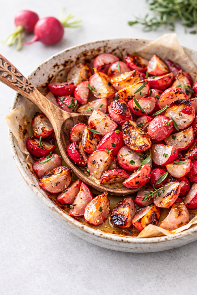 Roasted tarragon radishes with light char, butter, and fresh herbs served in a ceramic dish on a clean neutral table